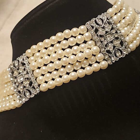 Vintage Eduardian Style Multistrand Faux Pearl Diamond Choker Necklace - Picture 2 of 11